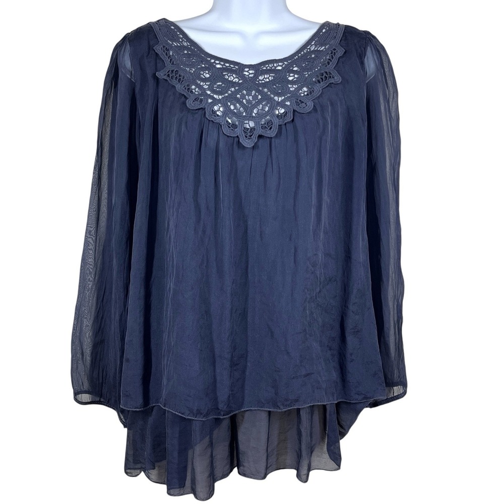 Carla Conti Italy 100% Slik Tunic Blouse Sz S Navy Blue Tiered Flowy Whimsy Goth